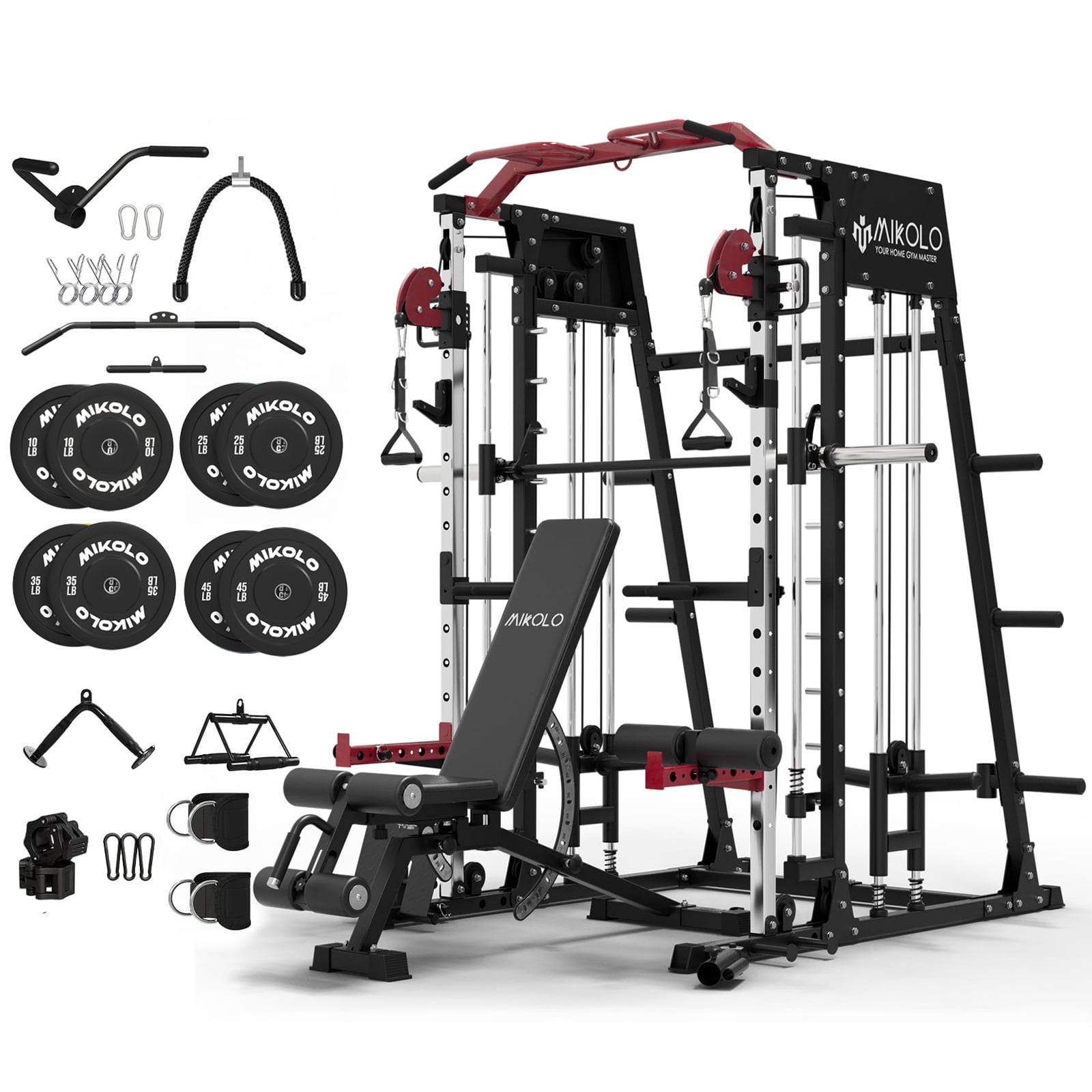 Mikolo M4 All-In-One Smith Machine Home Gym Package, 2200 lbs Power Rack Cage with Cable Crossover, 360° Landmine, Barbell Holders and Other Attachments, Total Body Strength Training Cage