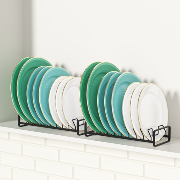 Plate Organizer for Cabinet ,Kitchen Dish Rack Organizer for Cabinet Countertop Drawer Space Saver,8 Slots Vertical Plate Holder Storage Rack, Housewarming Kitchen Gifts for Women (2-Pack Black)