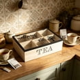 thumbnail image 1 of Wooden Tea Storage Box with Lid | Divided Compartment Organizer for Tea Bags, Snacks, Spices | Desktop Kitchen Counter Decor | Home Office Tidy-Up, 1 of 7