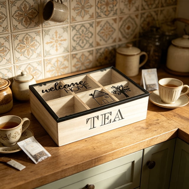 Wooden Tea Storage Box with Lid | Divided Compartment Organizer for Tea Bags, Snacks, Spices | Desktop Kitchen Counter Decor | Home Office Tidy-Up