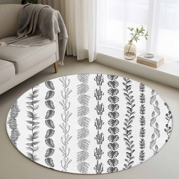 Black Botanical Round Area Rug 3.3Ft Washable Circle Rugs for Dining Room Table, Modern Farmhouse Tropical Leaves Non-Slip Carpet Floor Mats Indoor Outdoor Carpet Runner Aesthetic Home Decor