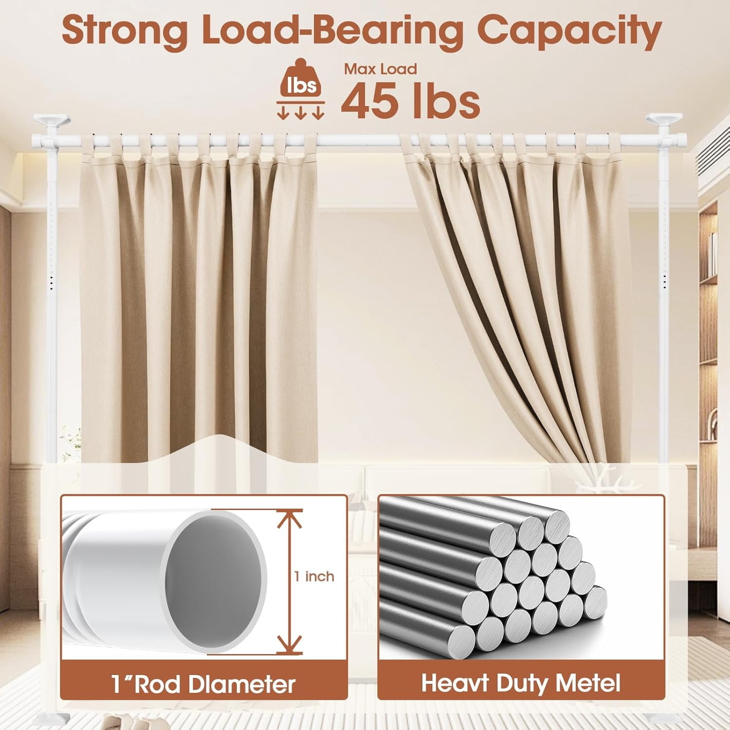 Room Divider No Drilling Curtain Rod Wall Divider for Room Separation, 4-10ft(H) 28-114inch(W) Adjustable, Heavy Duty Partition Space Separator Freestanding Tension Curtain Stand, White