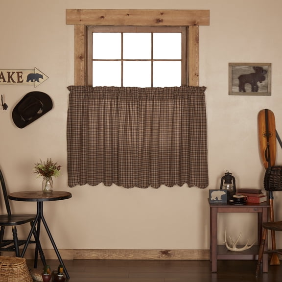 VHC Brands Prescott Rustic 36"x36" Tier Pair Brown Rod Pocket Cotton Plaid Kitchen Window Curtains