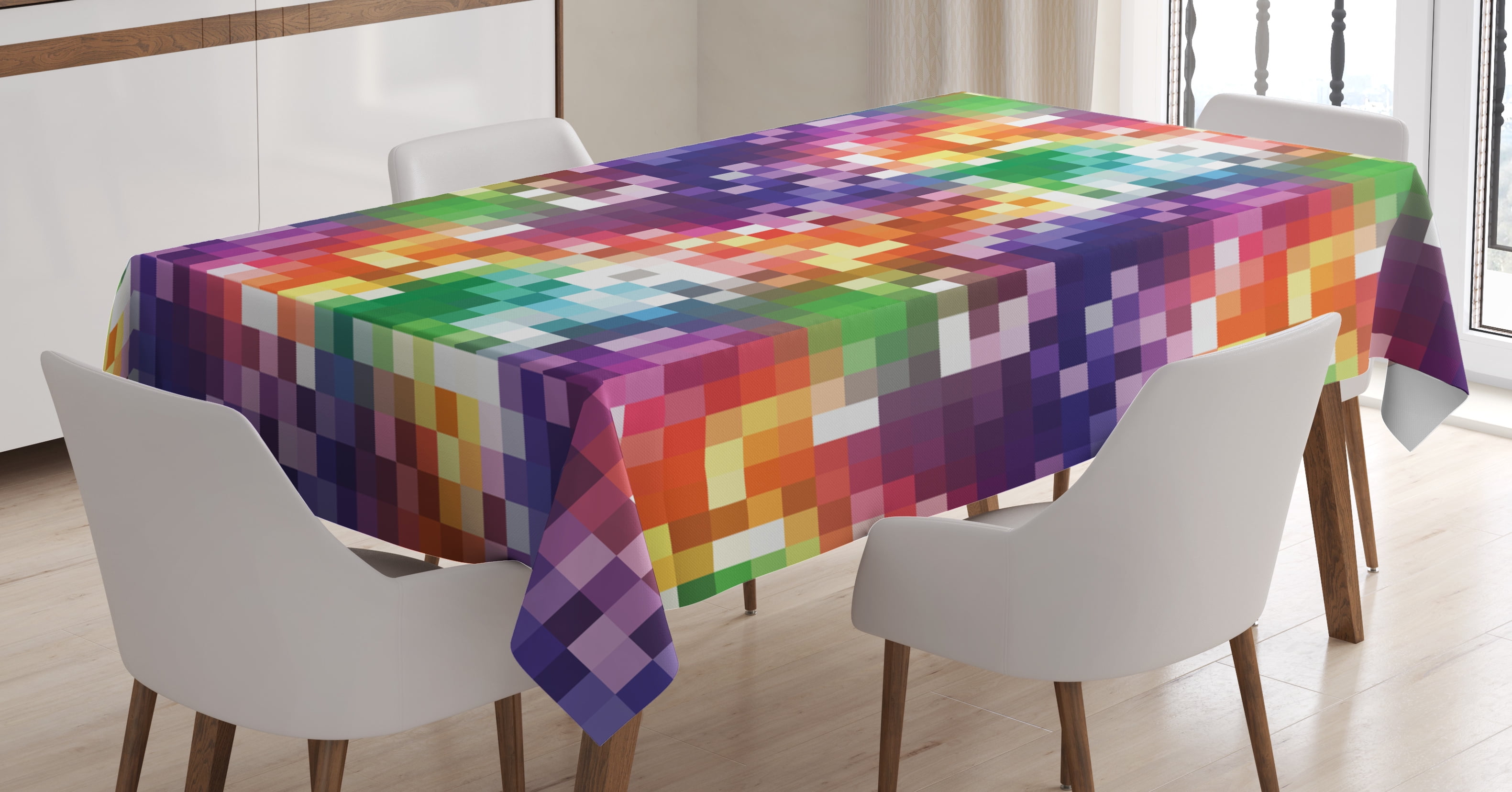 Colorful Tablecloth, Mosaic Rainbow Colored Checkered Squares Abstract