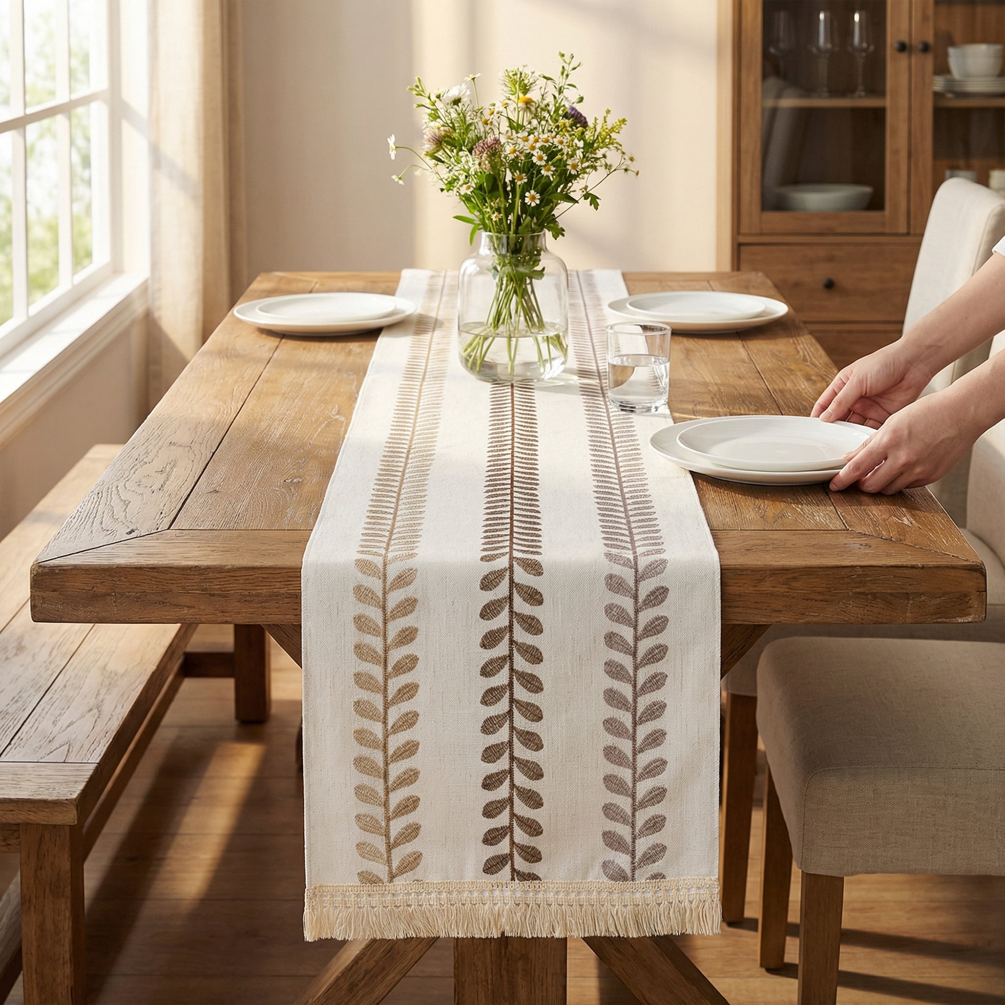 Unique Bargains Polyester Floral with Tassel Table Runner for Kitchen Decor Brown 15.4"x94.5"