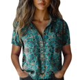 thumbnail image 2 of Bovemsi Women Cotton Shirt Printed Fashion Down Shirts Casual Tops Short Sleeve Blouse, Green Women's Summer Shirts, M, 2 of 4