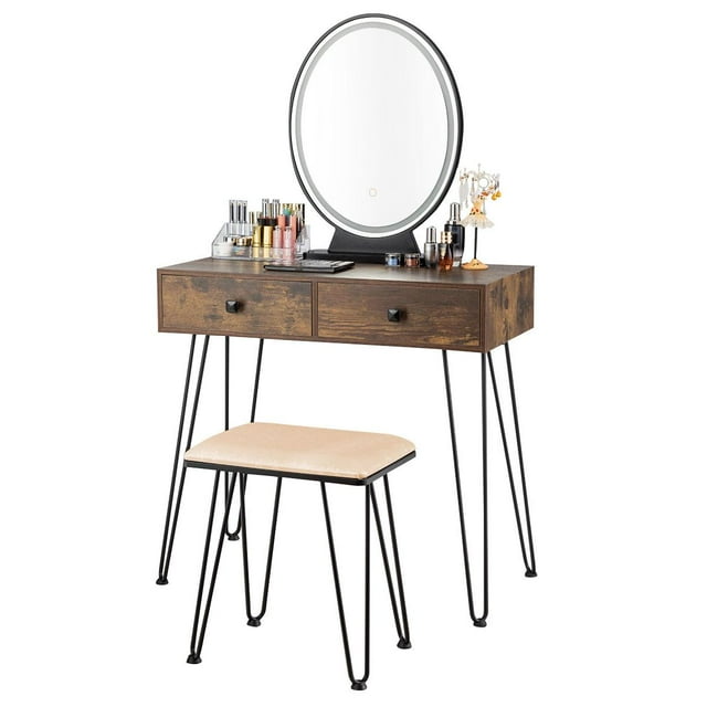Giantex Vanity Table Set, Makeup Dressing Table w/3-Color Touch Screen Dimming Mirror, Additional Storage Organizer, Brown