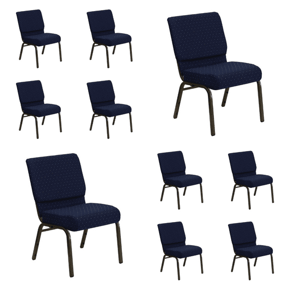(10 PACK) 21'' Wide Blue Dot Patterned Fabric Church Chair with Book Pouch and Gold Vein Frame - Multipurpose Stackable Office Side Chair
