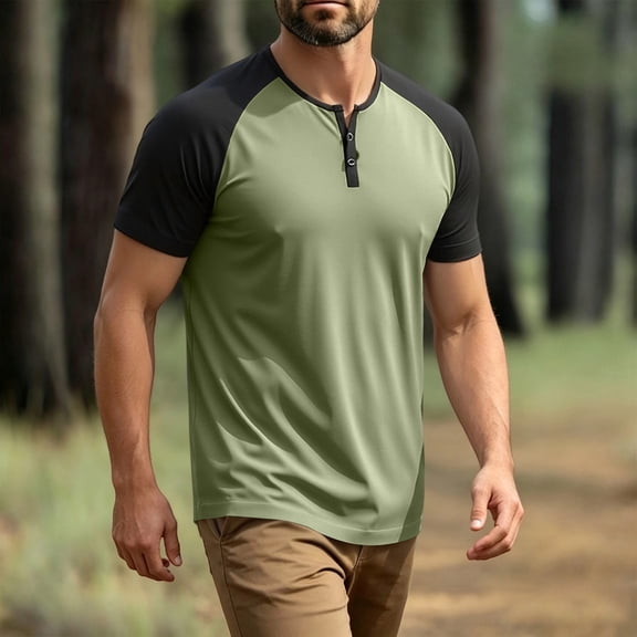 Men's Muscle Slim Henley Shirts Crewneck Longline T-Shirt Gym Workout Athletic Shirt Tees with Button Green#1 L