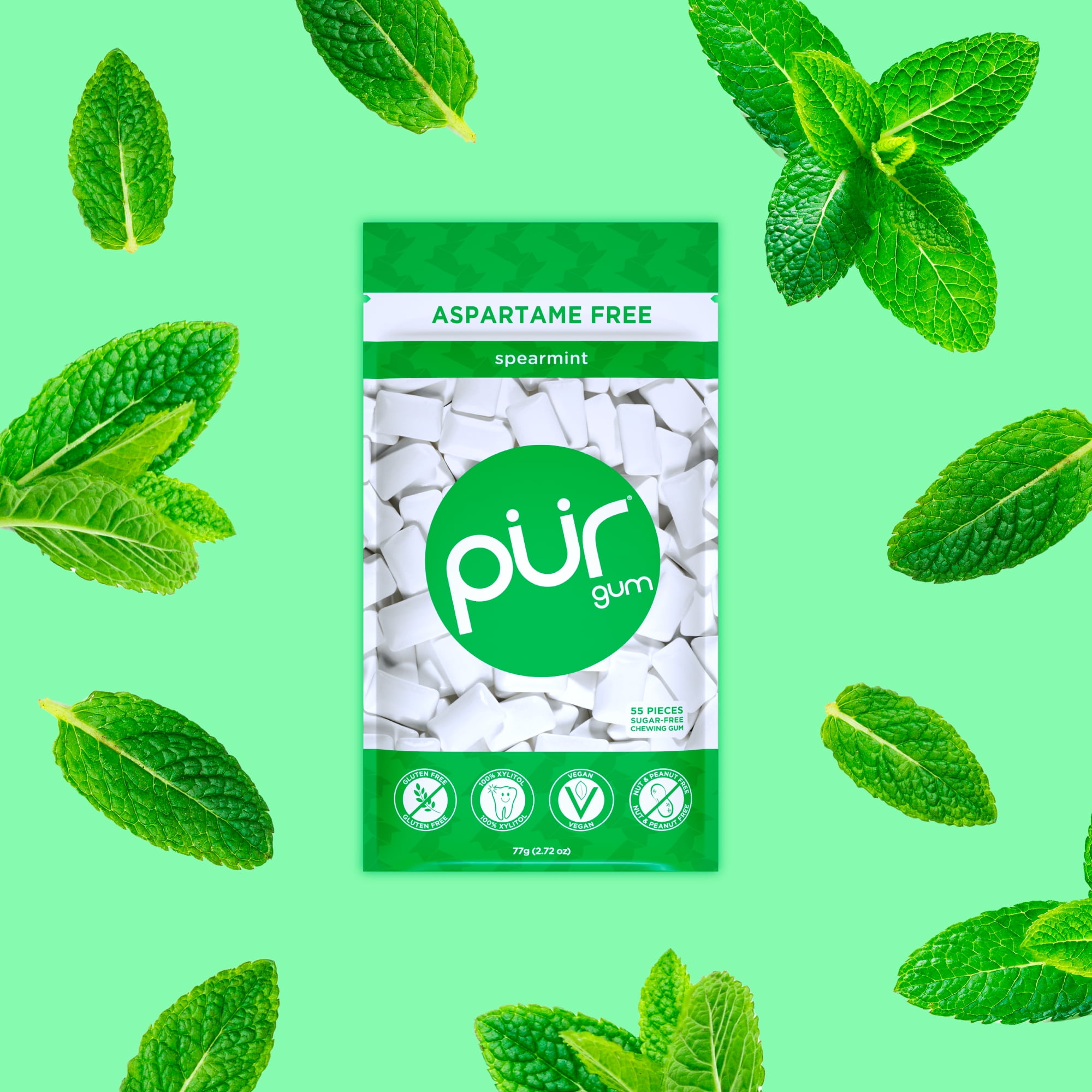 PUR Gum, Aspartame Free, Sugar Free & 100% Xylitol, Spearmint Chewing Gum, 55 Pieces, Pack of 1