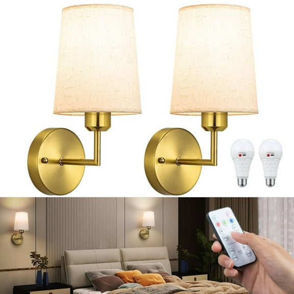 Battery Operated Wall Sconces Set of 2, Rechargeable 3 Color Temperature Indoor Wall Lights with Remote,Gold Wireless Wall Lamps for Bedroom, Living Room Night Light