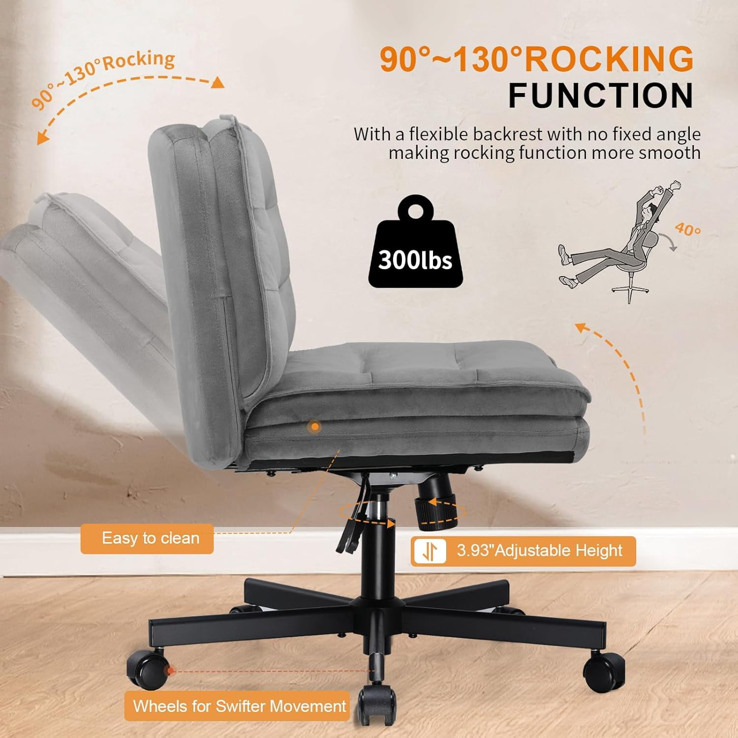 COMHOMA Armless Office Desk Chair with Wheels, Fabric Padded Cross Legged Office Chair, Modern Swivel Vanity Chair Height Adjustable Wide Seat Computer Task Chair, Gray