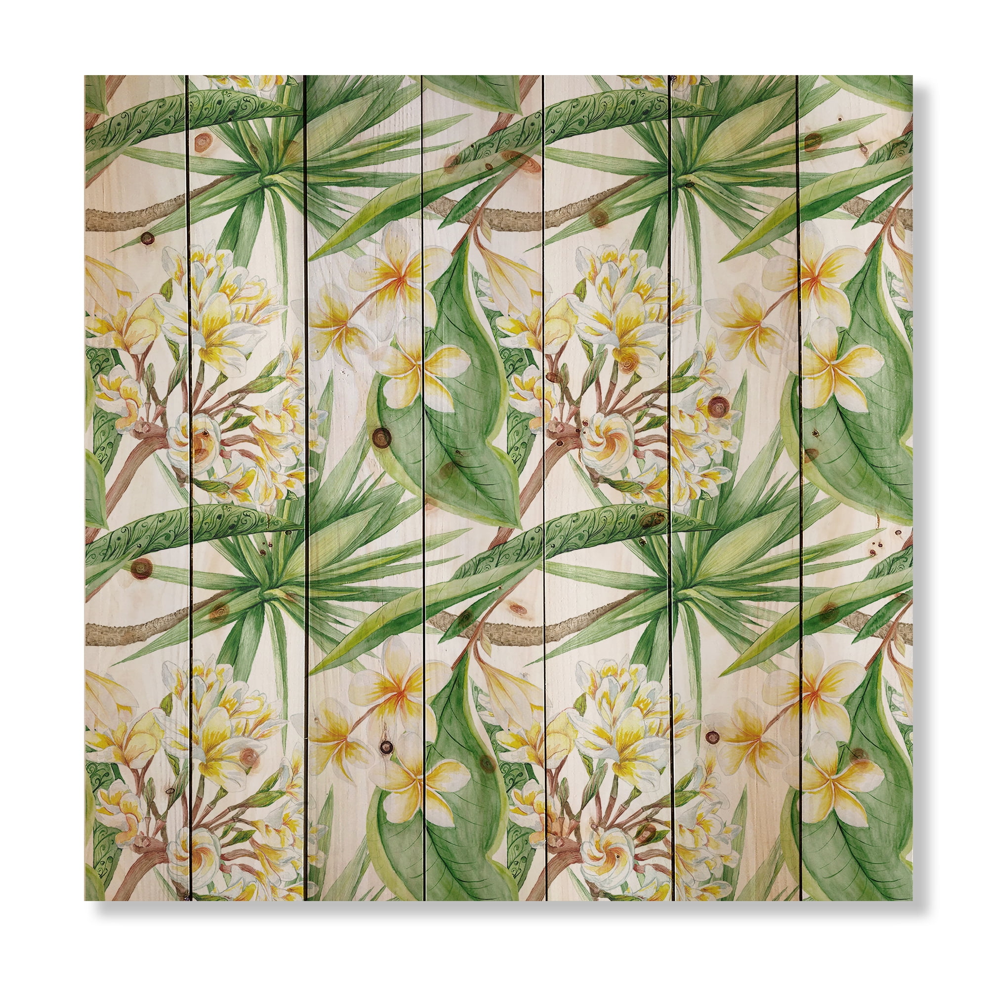 Designart 'Yellow Flowers and Tropical Foliage VI' Modern Print on Natural Pine Wood