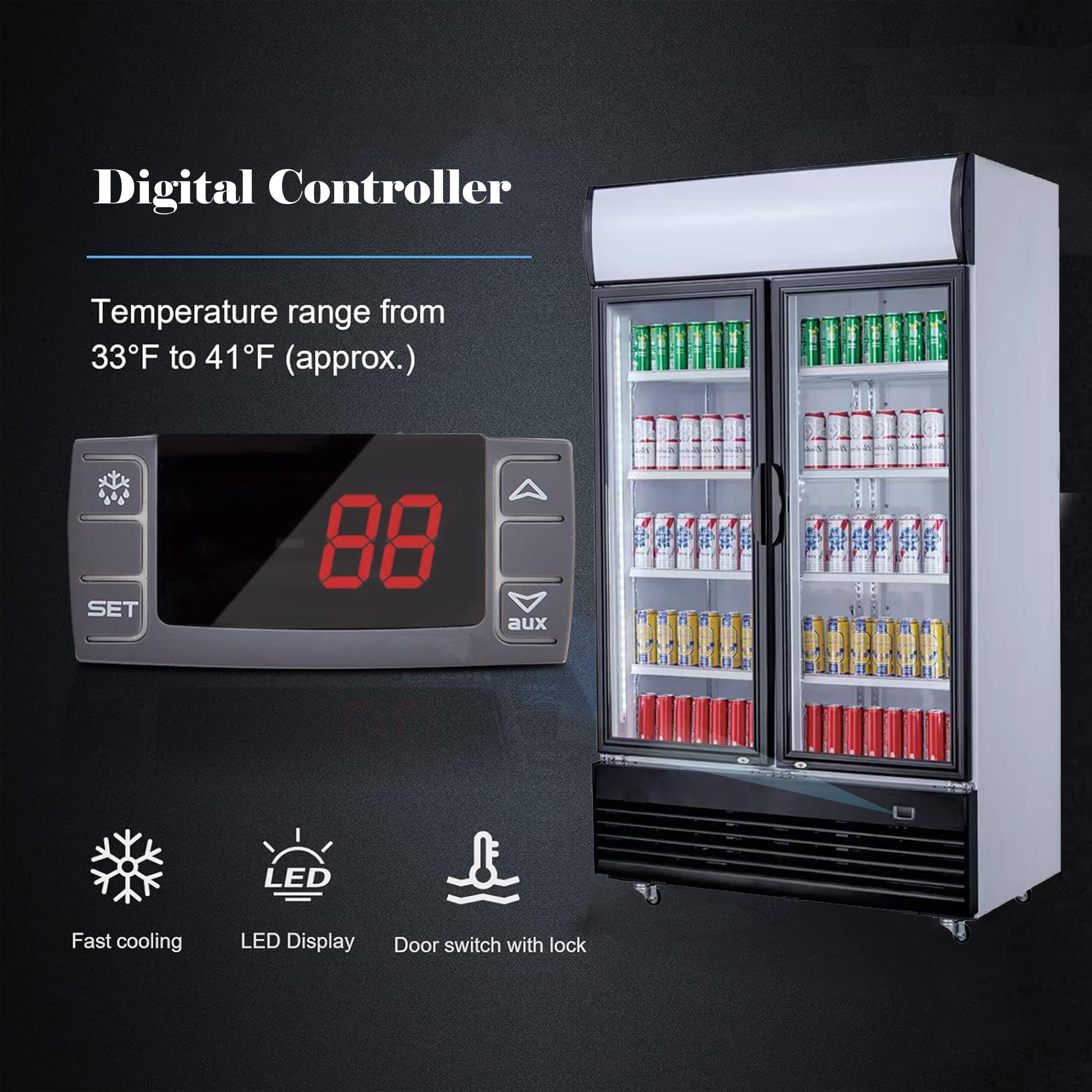 NSF 36 in. Commercial Two-Door Beverage Display Refrigerator, 20 Cu. Ft. Retail Refrigerator, Beverage Cooler with LED Lighting, Double-Layer Glass Door