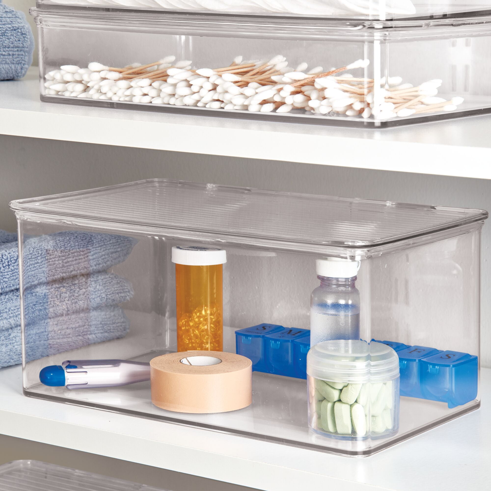 iDesign Plastic Stackable Bathroom Cabinet Organizer Box, Hinged-Lid, Clear