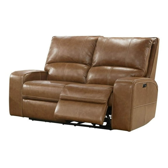Pemberly Row 64"W Leather Power Loveseat in Bourbon Brown Finish