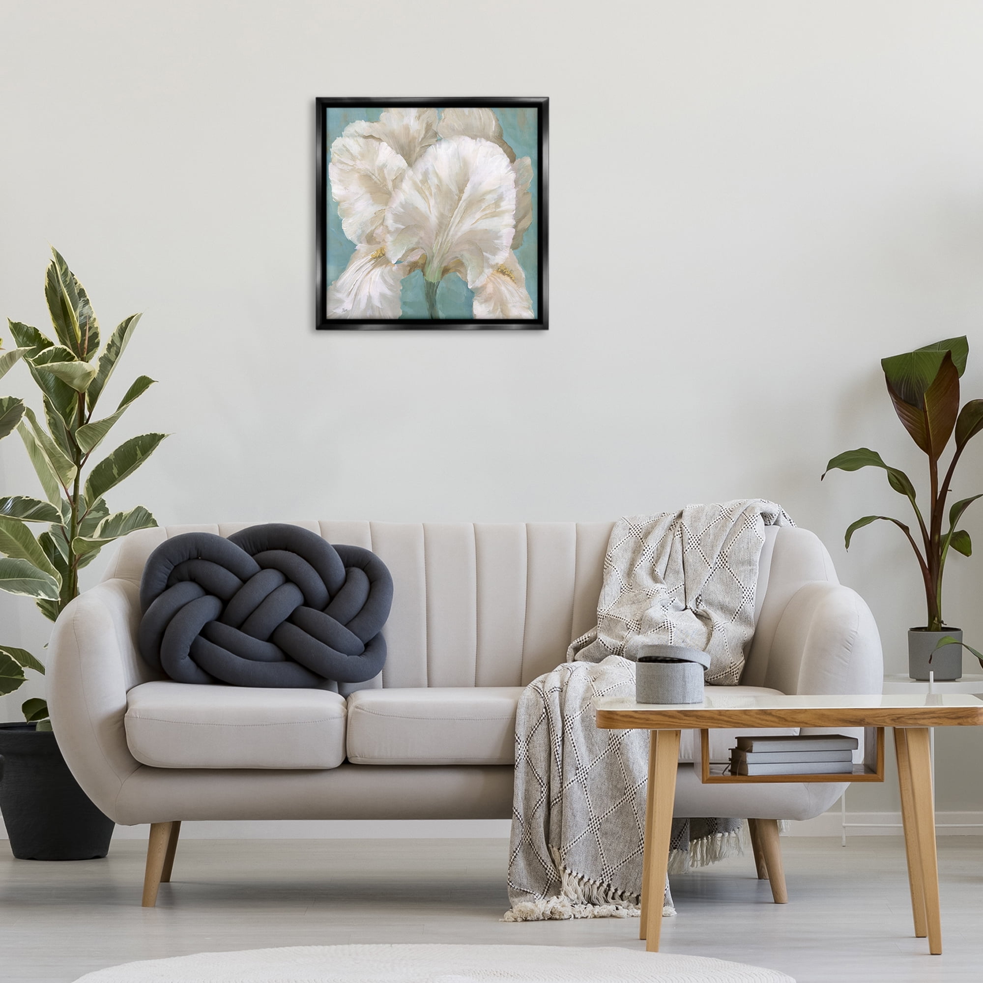 Stupell Industries White Iris on Blue Botanical & Floral Painting Black Floater Framed Art Print Wall Art, 25 x 25
