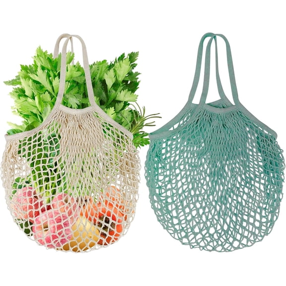 2-Pack Reusable Mesh Grocery Bags, 100% Cotton String, Reusable Shopping Bags Long Handle Produce Bags, Fruit & Veggie Storage