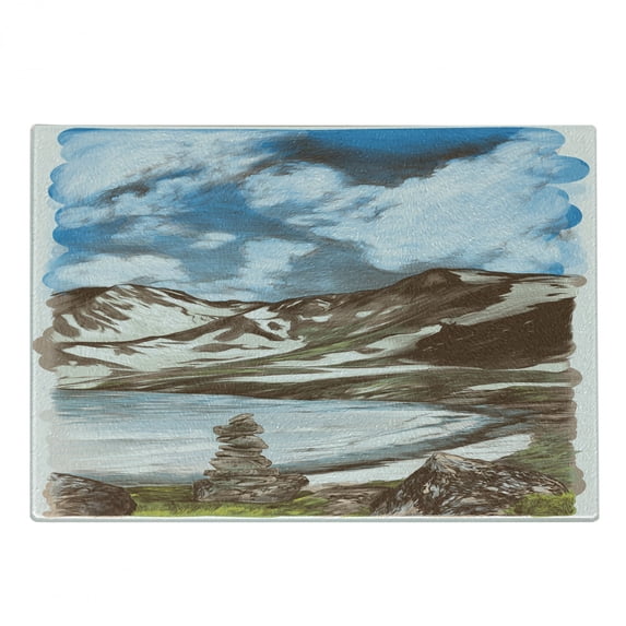 Landscape Cutting Board, Artwork of Snowy Mountains Clouds and a Lake, Decorative Tempered Glass Cutting and Serving Board, in 3 Sizes, by Ambesonne