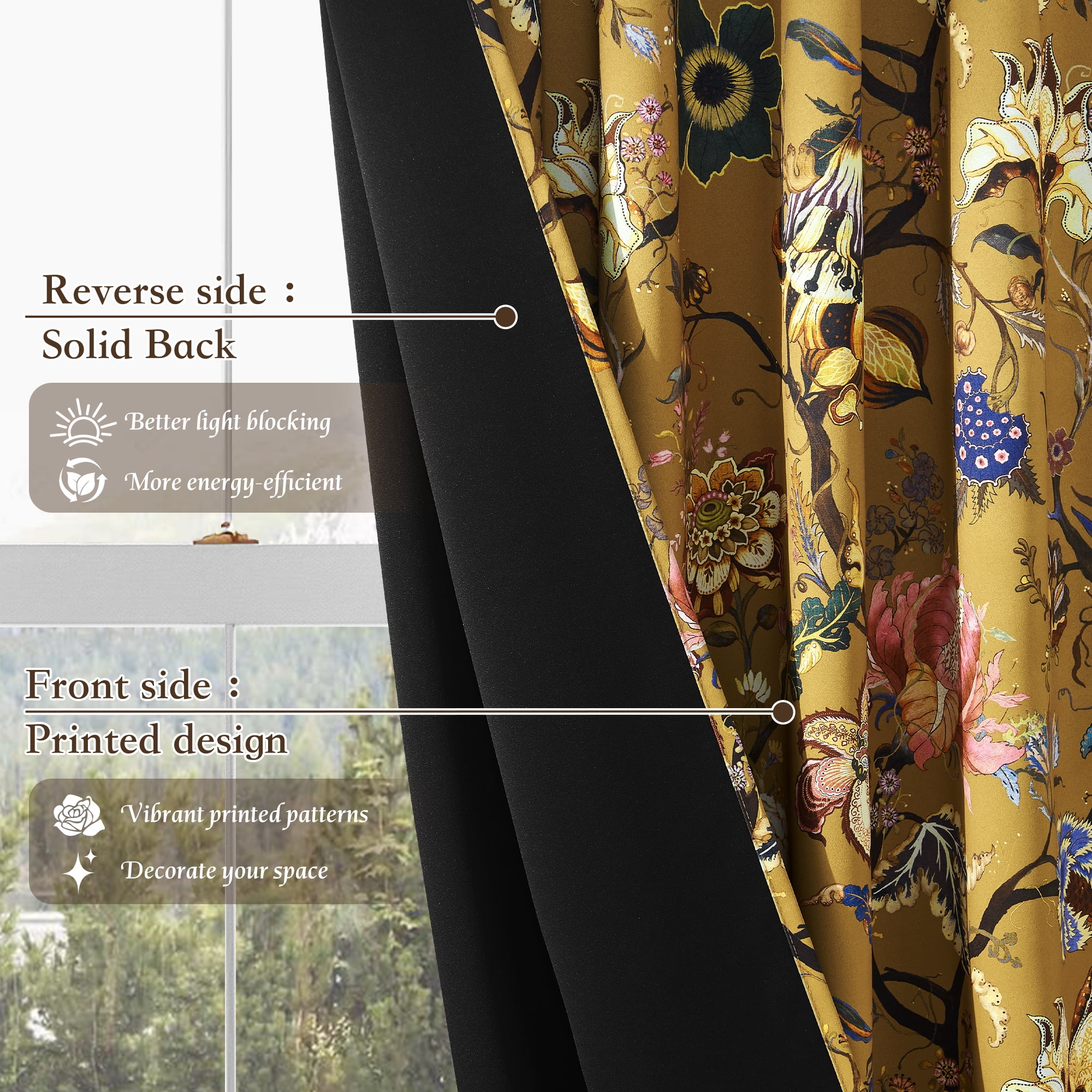 StangH 100% Blackout Floral Curtains Vivid Botanical Cottage Farmhouse Elegant Design Thermal Insulated Privacy for Living Room/Bedroom, W52xL96, 2 Panels