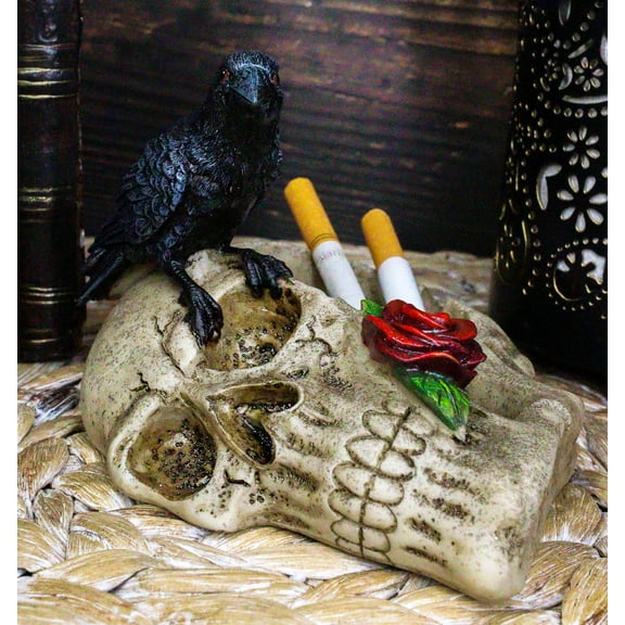 Gothic Raven Crow Perching On Rose Skull Cigarette Ashtray Jewelry Dish Figurine