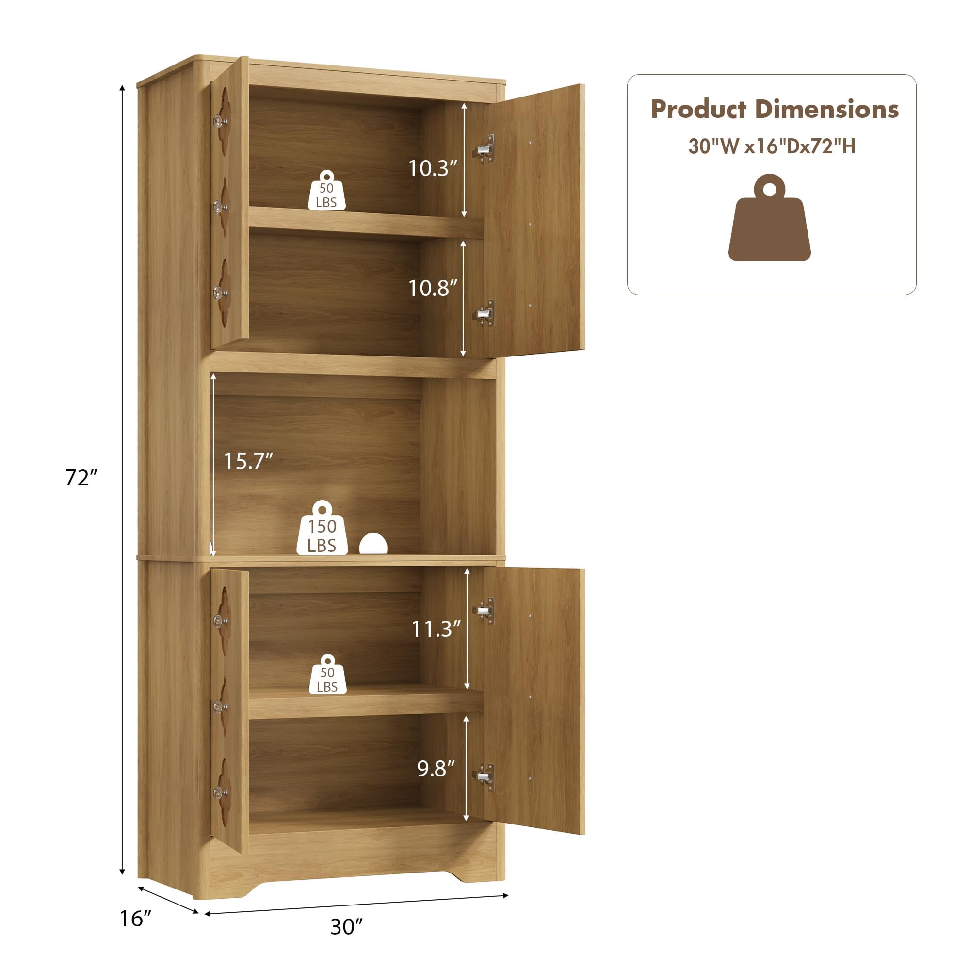 Kitchen Pantry Cabinet, 72" Tall Storage Cabinet with Countertop, Freestanding Wooden Hutch Cupboard with Carved Door & Crystal Handle, for Dining Room, Living Room