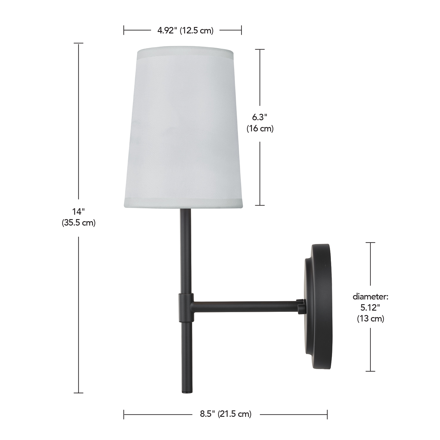 Better Homes & Gardens Matte Black 1-Light Indoor Wall Sconce, White Fabric Shade, Bulb Included