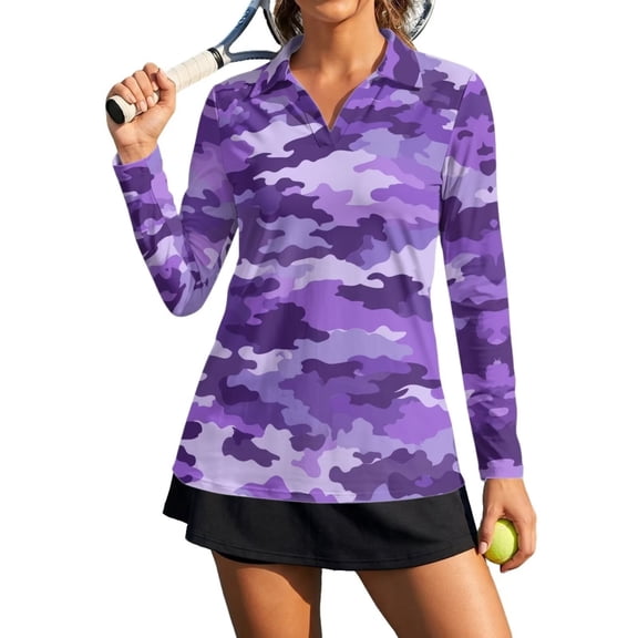 Xoenoiee Purple Camo Print Women's Long Sleeve Golf Polo Shirts V Neck Collared Workout Tops UV Protection Activewear Pullover Golf Apparel Quick Dry Blouses Athletic Tennis Tops, Size XS