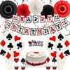 Casino Theme Party Decorations, Las Vegas Party Decorations Happy Birthday Banner Cake Topper Paper Fan Hanging Swirls for Casino Poker Birthday Party Supplies