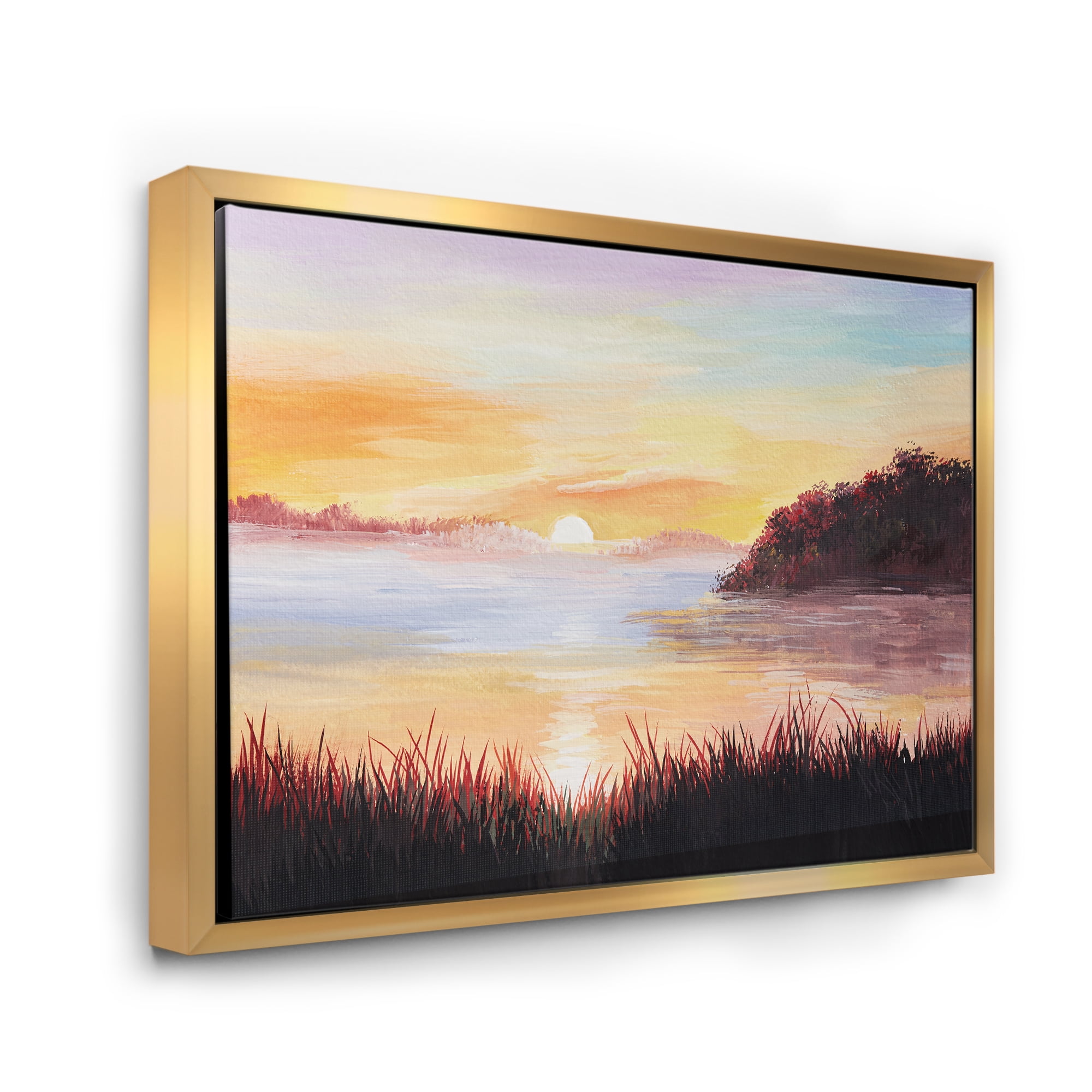 Designart 'The Reeds On The Lake In Evening Glow' Nautical & Coastal Framed Canvas Wall Art Print