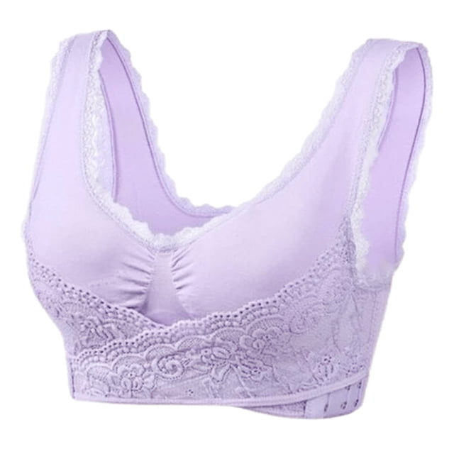 Plus Size Bras Front Closure Cotton Wireless Bra With Wide Strap Design Queen Size Comfort Full Support Bra Purple M