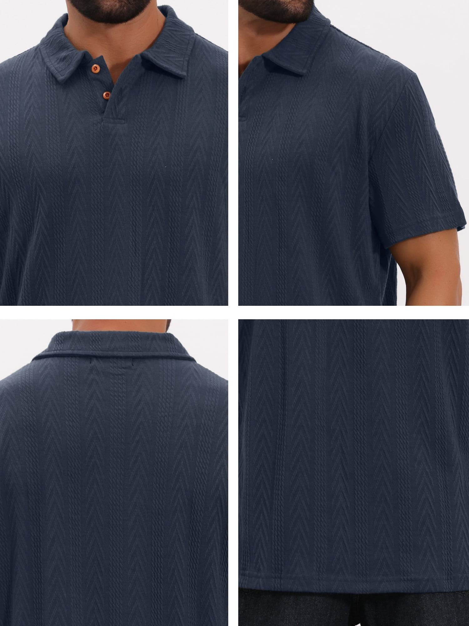 DARING DIVA Men's Jacquard Short Sleeve Button Down Collared Polo Shirts L Dark Blue