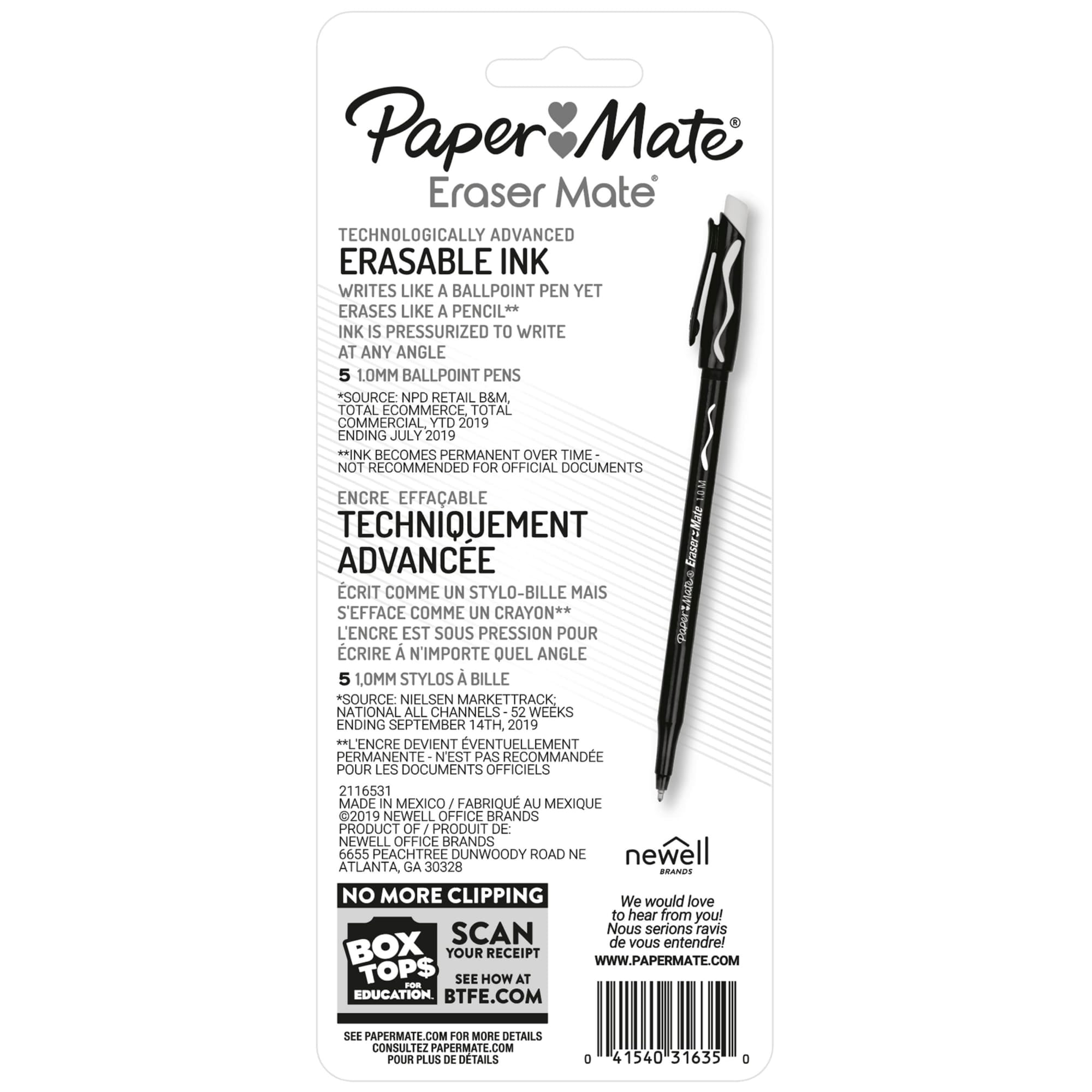 Paper Mate EraserMate Erasable Pens, Ballpoint Pens, Medium Point (1.0mm), Black, 5 Count