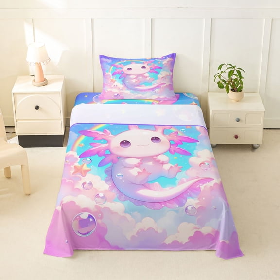 Erosebridal Cute Animals Axolotl Twin Sheet Sets,Kawaii Rainbow Stars Bedding For Girls Kids 3 Pieces