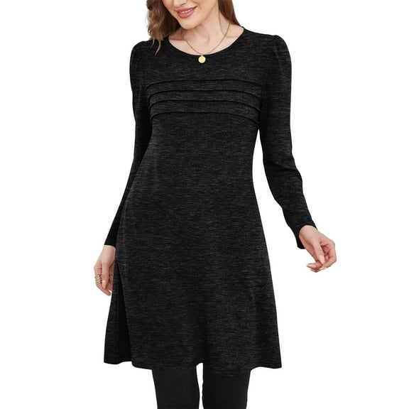 Bzhegqhd Women's Dresses Casual Solid Color Pleated Long Sleeve Dress Round Neck Button Front Midi Dress with Pockets Elegant office Work Fall Spring