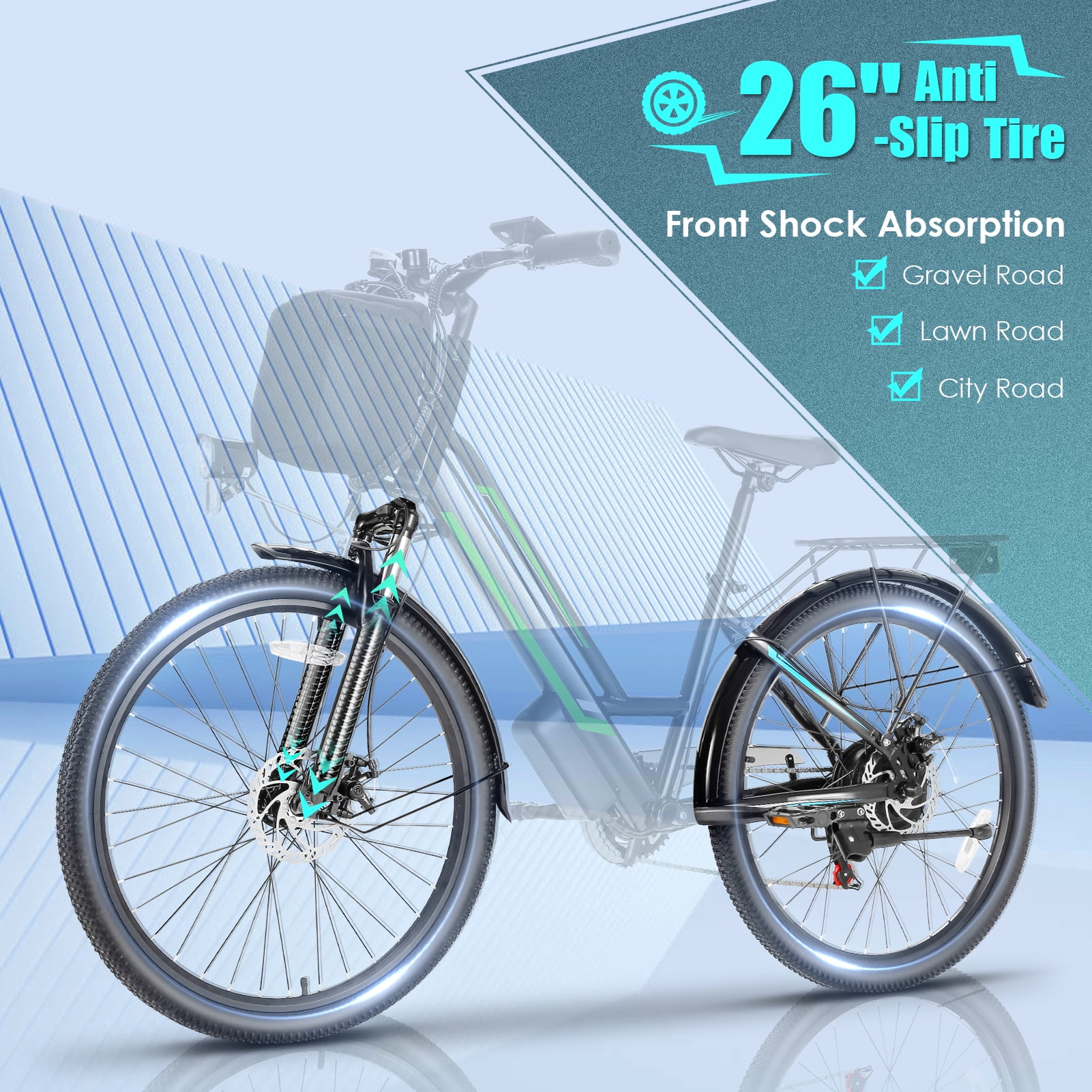 Elifine 500W Electric Bike for Adults, 26" Commuter Electric Bicycle 19.8mph City Ebike with 5 Riding Modes, 48V 7.8Ah Removable Battery UL 2849, LCD Intelligent Display Hybrid Electric Bike Green