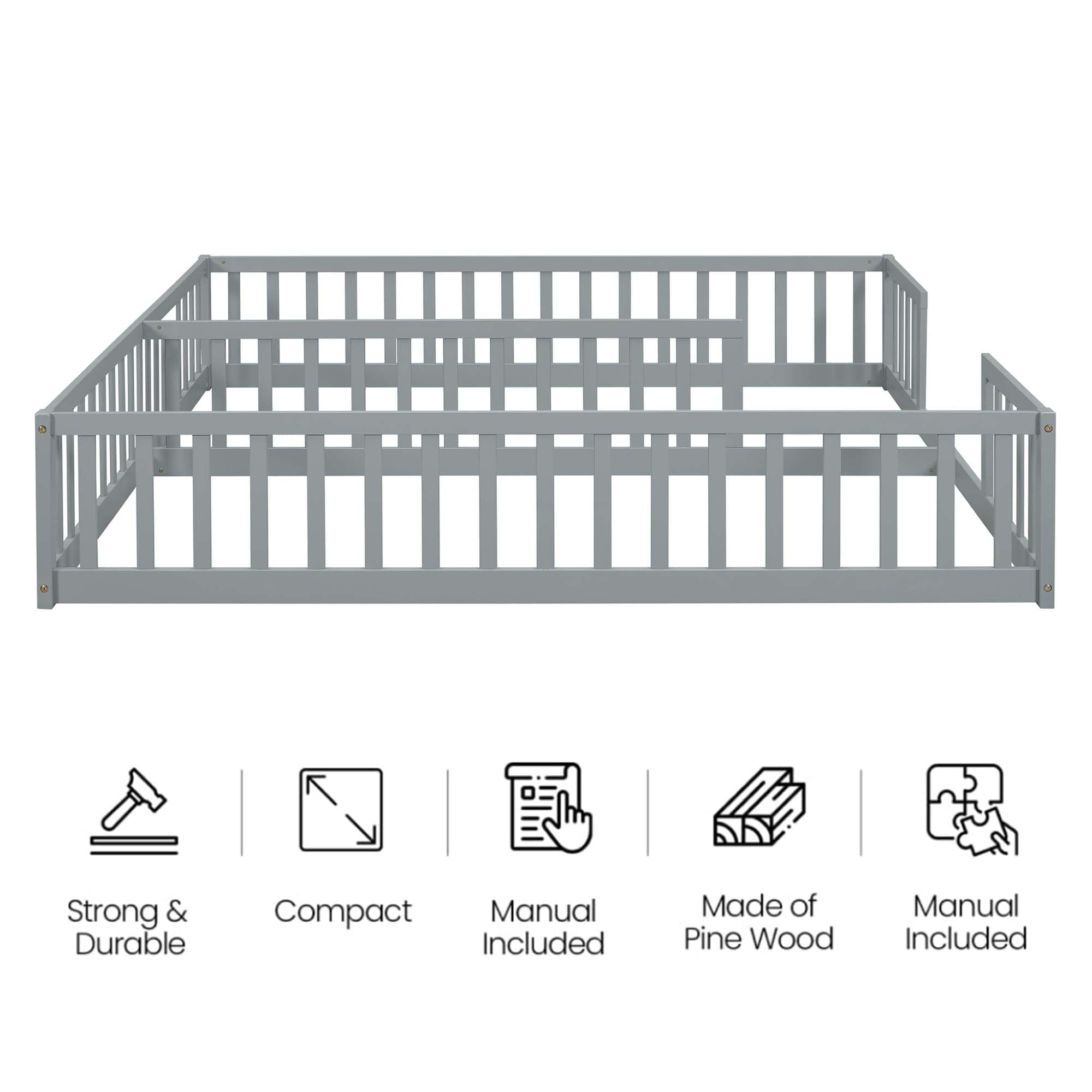 Twin Floor Bed for 2, Montessori Bed Frame with Fence, Wooden Double Floor Bed with Guardrails for Two Boys Girls, Box Spring Needed, Gray