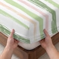 thumbnail image 3 of Twin Sze Fitted Sheet Set - Green Pink Stripes 2 Piece Bedding Sets 16" Deep Pocket Fitted Sheet with 1 Pillowcase, Gradient Geometric Smear Art Paint Brushed Microfiber Hotel Luxury Bed Sheets, 3 of 9