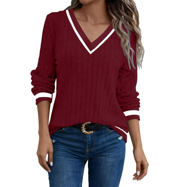 Xfvqtps Chandail Léger pour Femmes Manches Longues Col Rond Chandail Col en V Chemise Tricotée Décontractée pour Automne Printemps Hauts Élégants Vin