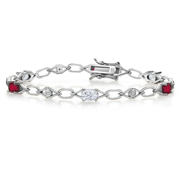 Gem Stone King 925 Sterling Silver White Moissanite and Ruby Red Mystic Topaz and Round White Lab Grown Diamond Tennis Bracelet for Women (3.04 Cttw, Gemstone Birthstone, Oval 6X4MM, 7.25 inches)