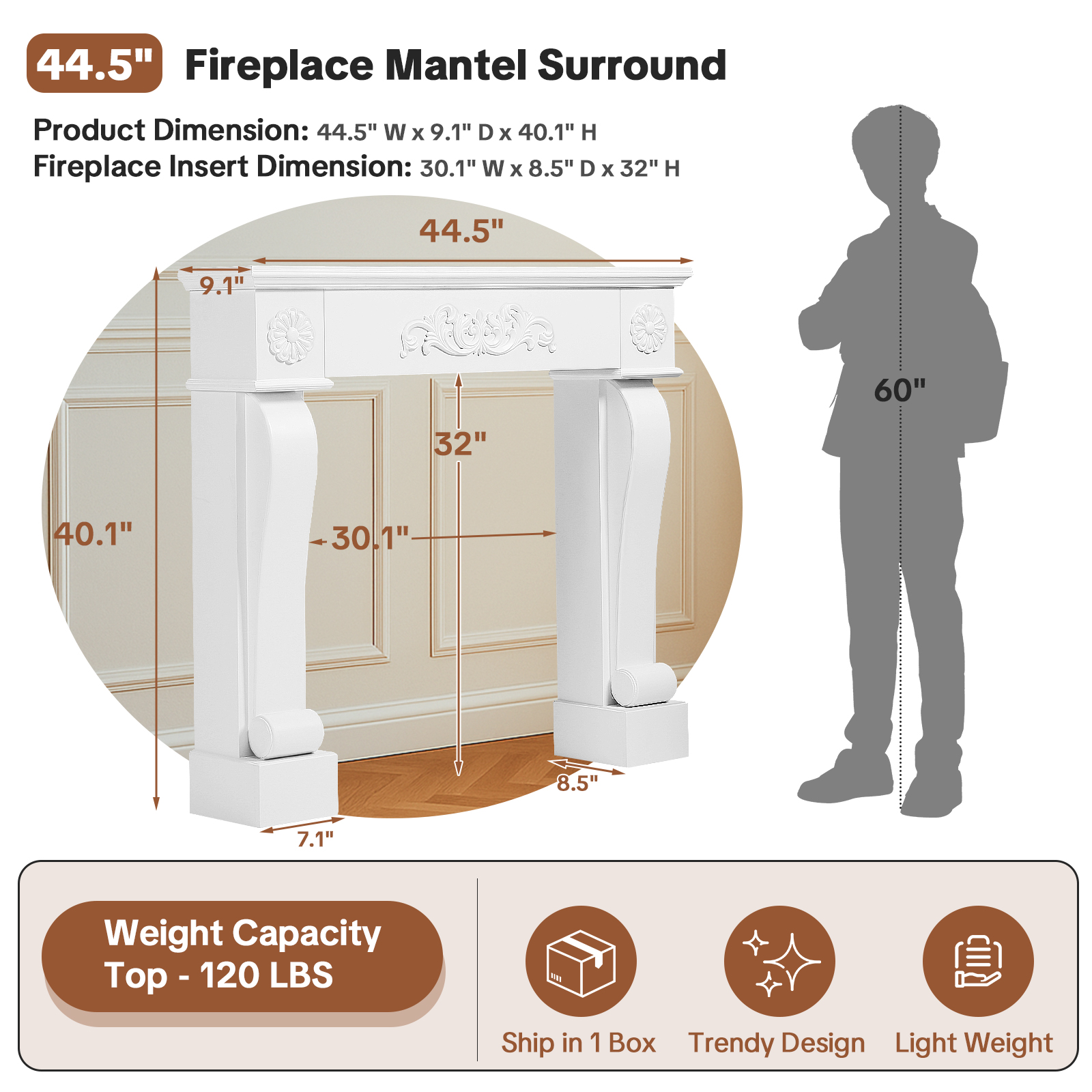 OUINCH 44.5" Fireplace Mantel, Freestanding Fireplace Surround with Leg for Electric Fireplaces, MDF Mantel Surround with Shelf for Living Room with Decorative Pattern, Anti-Tipping & Waterproof
