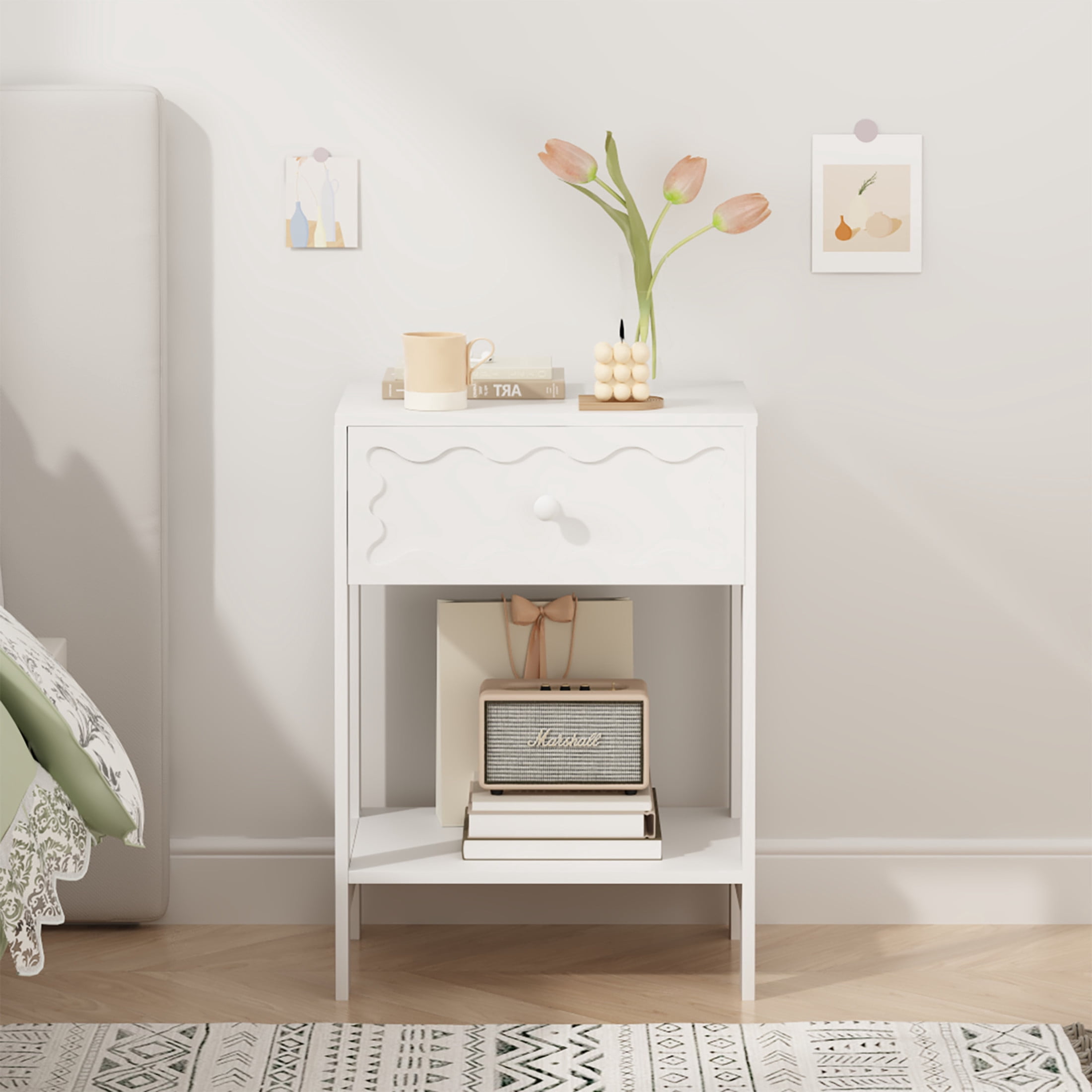 Noble House Modern Nightstand with Wave Pattern Drawer, Bedside Table with Solid Wood Frame, Bedroom, White