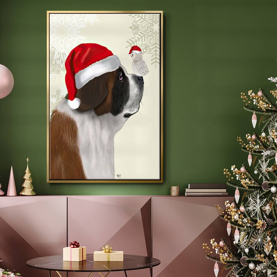 Christmas St Bernard and Fluffy Owl - Framed Gallery Wrapped Holiday Canvas - 25 x 37 - Gold Frame