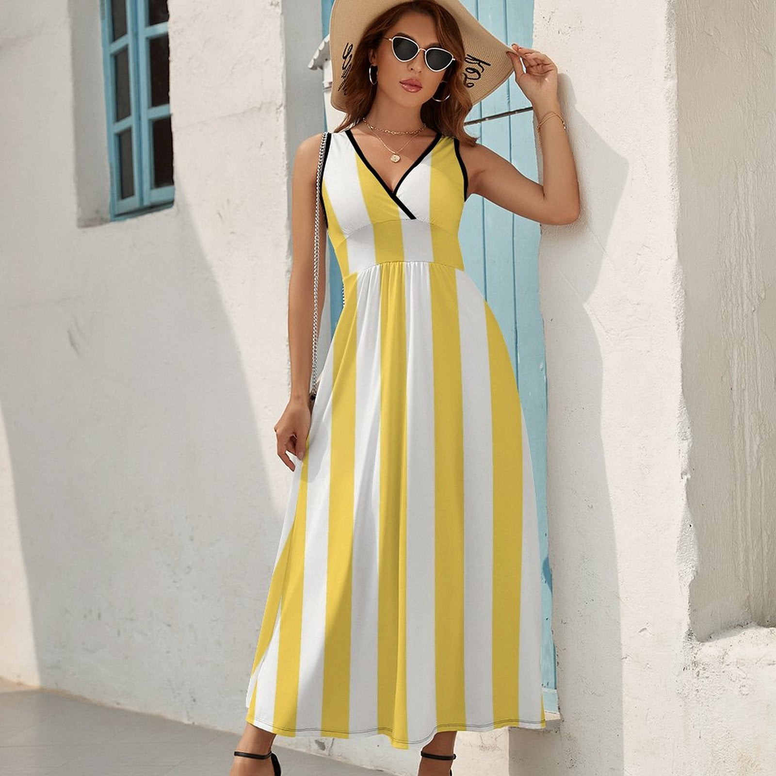 Yellow And White Vertical Stripes Dress Summer Street Style Bohemia Long  Dresses Female Sleeveless Printed Maxi Dress - Walmart.com