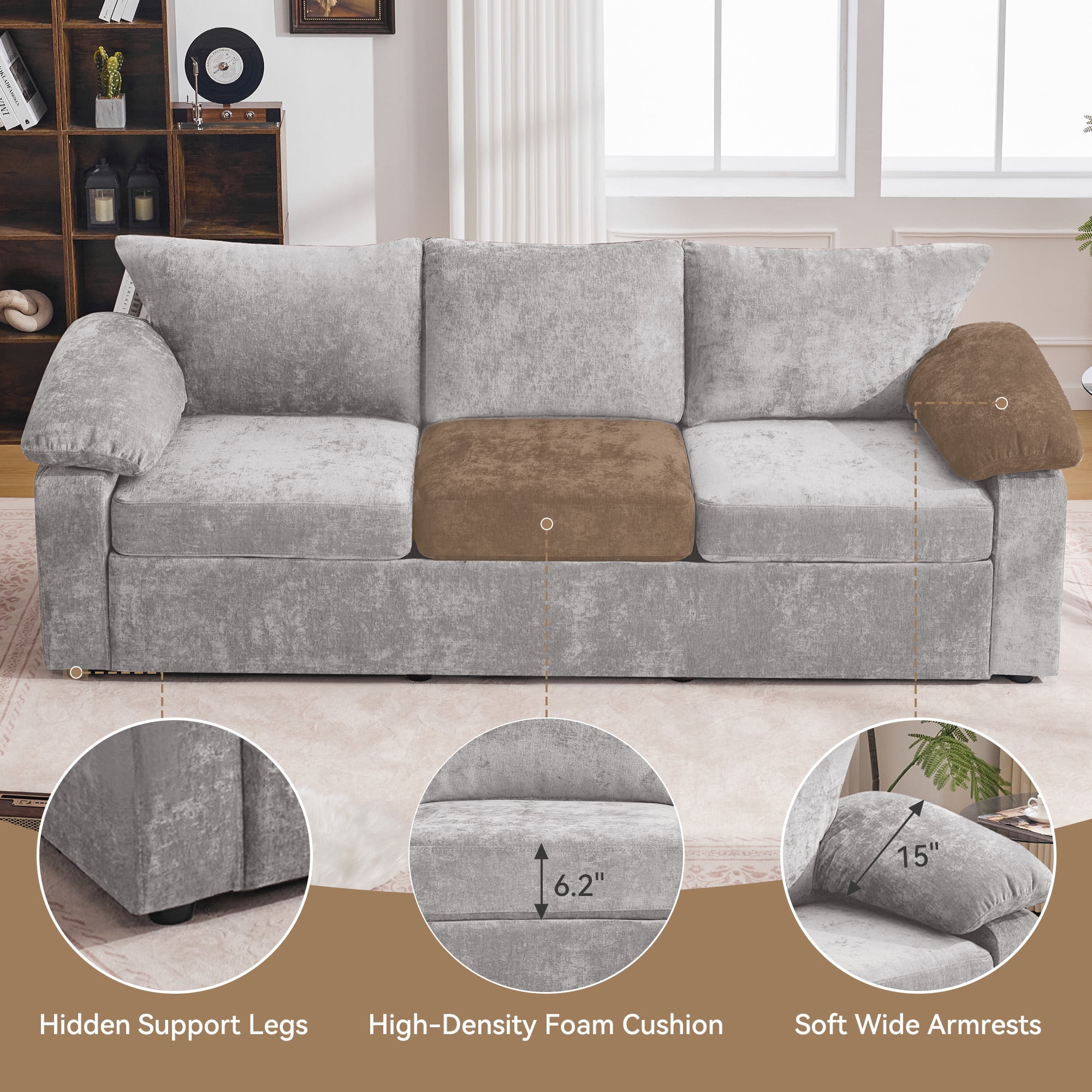 HASLE Oversized 3 Seat Living Room Sofa, 95" Soft Chenille Deep Seat Couch with Armrest, Hidden Support Legs, Stylish Sofa, Light Grey