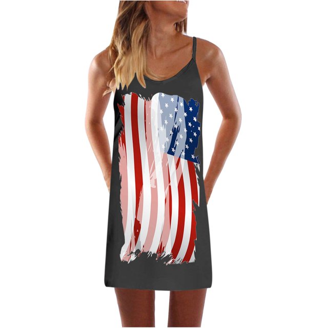 Puntoco Vestidos Mujer Verano Mujer Slim A-Line V-Cuello Día de la Independencia Impresión Sin Mangas Sling Falda Vestido