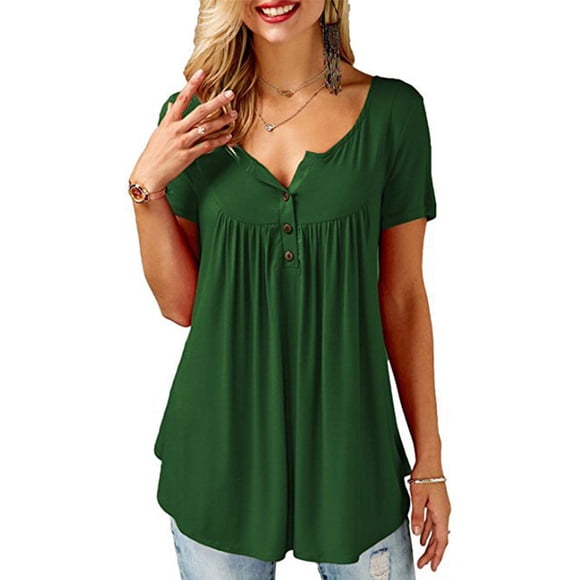 JustVH Women's Solid Henley V-Neck Casual Blouse Pleated Button Tunic Shirt Top