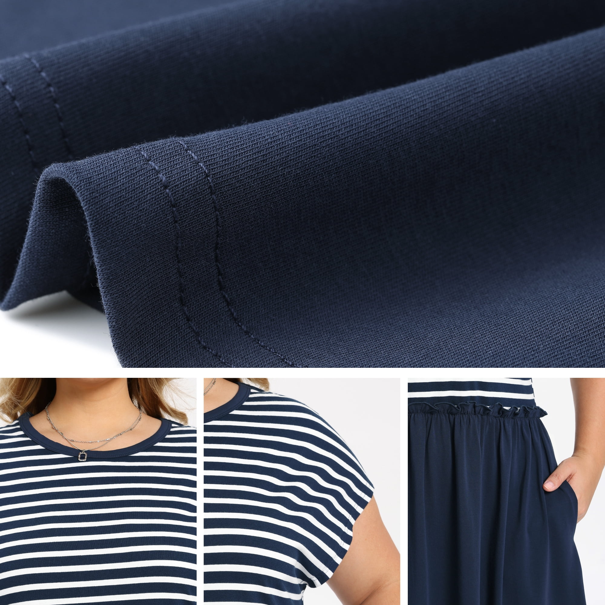 DARING DIVA Women's Plus Casual Midi A-Line and Striped Dress 2X Navy Blue