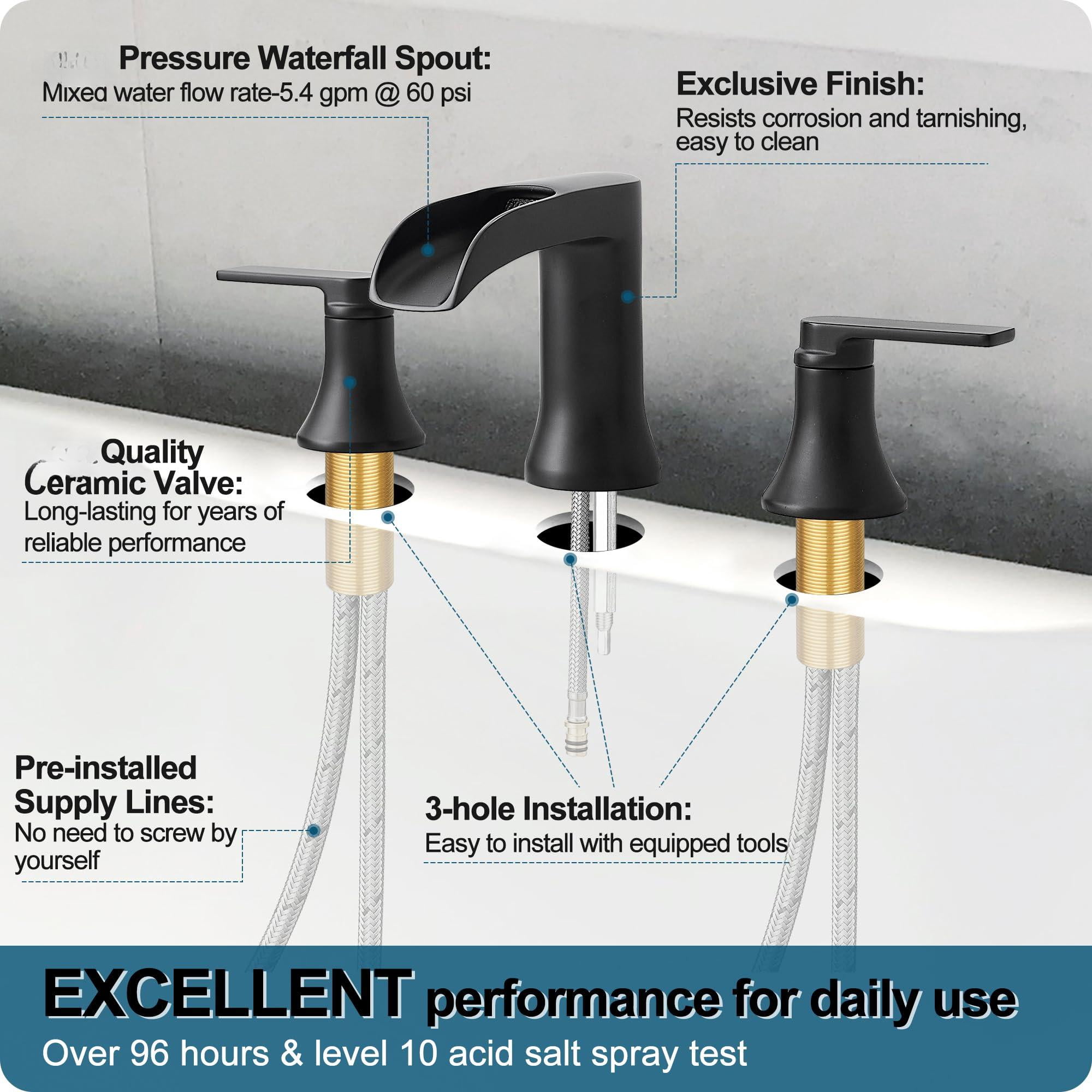 Waterfall Bathtub Faucet Set 3 Hole Matte Black 2 Handle