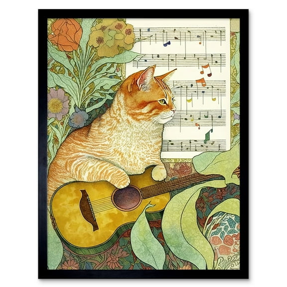 Orange Tubby Cat with Guitar and Sheet Music in Floral Art Nouveau Pattern Art Print Framed Poster Wall Decor 12x16 inch